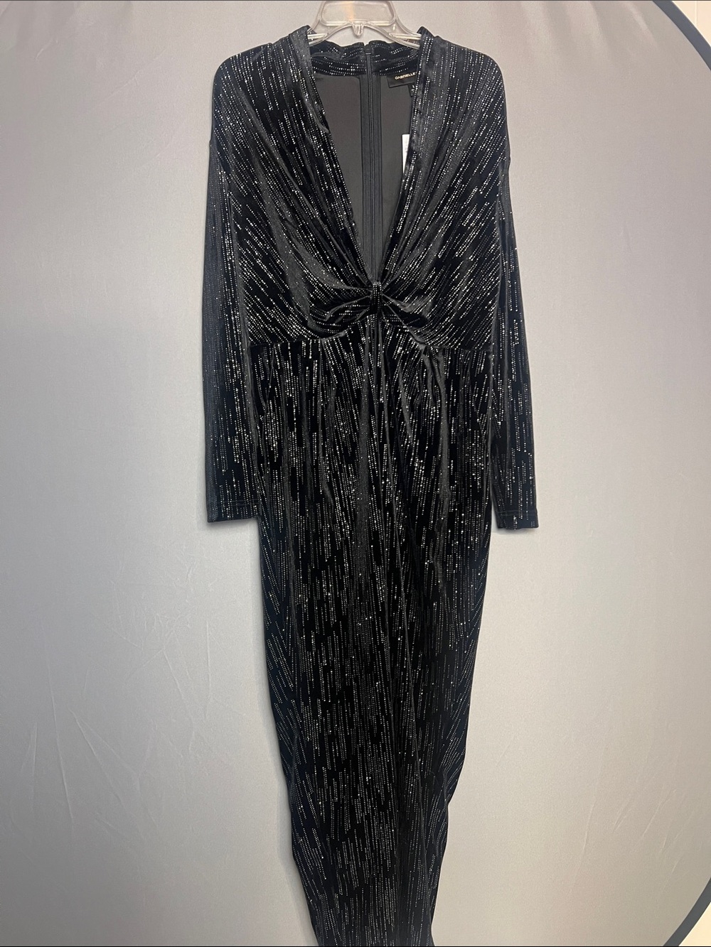 Black Twist-Front Long-Sleeve Velvet Jumpsuit with Metallic Stitching